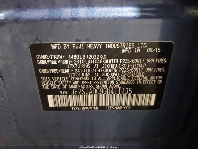 44805477 :رقم المزاد ، JF2SJADC9GH411135 vin ، 2016 Subaru Forester 2.5i Premium مزاد بيع