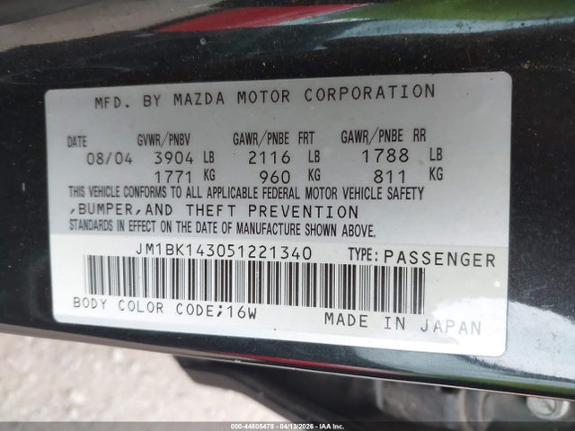 Aukcja sprzedaży 2005 Mazda Mazda3 S, vin: JM1BK143051221340, numer aukcji: 44805478