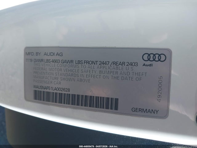 44805479 :رقم المزاد ، WAUSNAF51LA002628 vin ، 2020 Audi A5 Premium 45 Tfsi Quattro S Tronic مزاد بيع