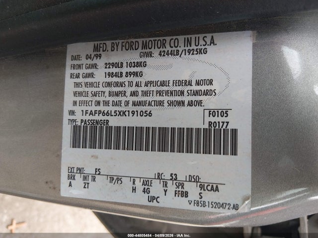 Aukcja sprzedaży 1999 Ford Contour Se, vin: 1FAFP66L5XK191056, numer aukcji: 44805484