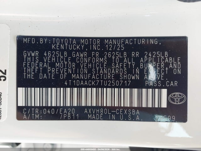 44805488 :رقم المزاد ، 4T1DAACK7TU250717 vin ، 2026 Toyota Camry Se مزاد بيع