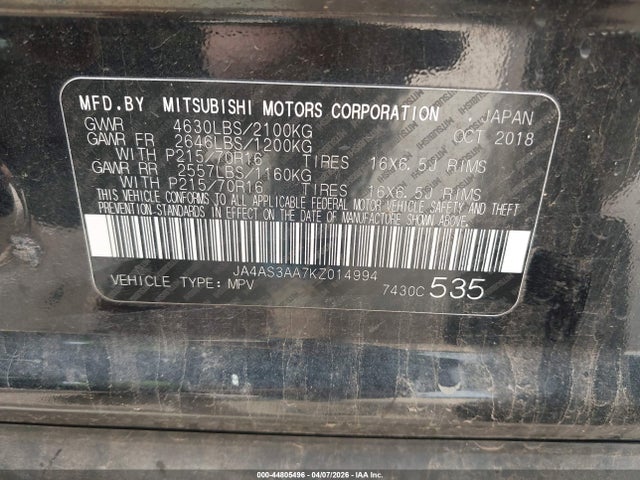 Aukcja sprzedaży 2019 Mitsubishi Eclipse Cross Es, vin: JA4AS3AA7KZ014994, numer aukcji: 44805496