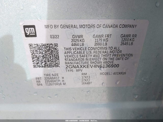 2GNAXKEV4N6136900 Chevrolet Equinox Fwd Lt