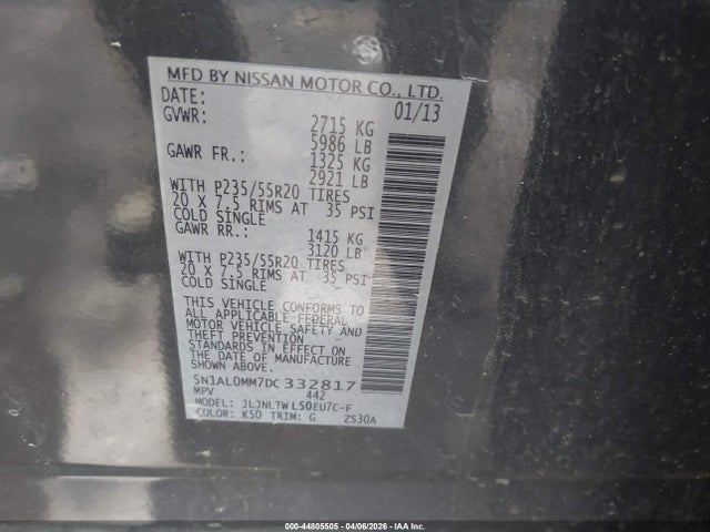 Aukcja sprzedaży 2013 Infiniti Jx35, vin: 5N1AL0MM7DC332817, numer aukcji: 44805505
