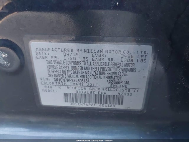 Aukcja sprzedaży 2015 Nissan Versa 1.6 Sv, vin: 3N1CN7AP8FL806184, numer aukcji: 44805519
