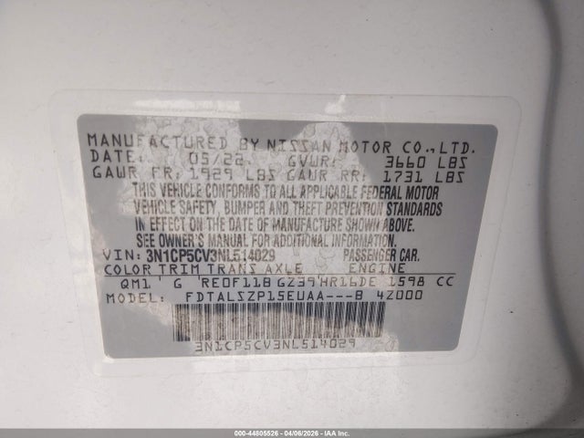 Aukcja sprzedaży 2022 Nissan Kicks Sv Xtronic Cvt, vin: 3N1CP5CV3NL514029, numer aukcji: 44805526