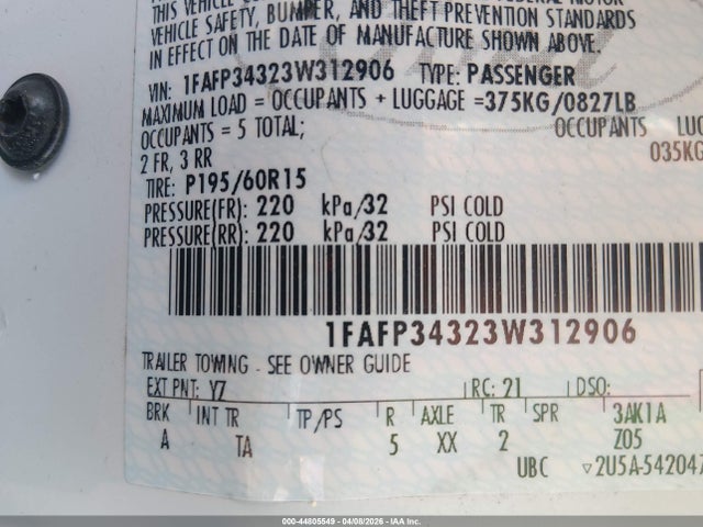 Продажа на аукционе авто 2003 Ford Focus Se, vin: 1FAFP34323W312906, номер лота: 44805549