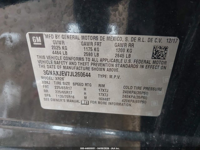 Продажа на аукционе авто 2018 Chevrolet Equinox Lt, vin: 3GNAXJEV7JL260644, номер лота: 44805551