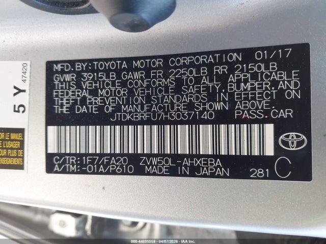 JTDKBRFU7H3037140 Toyota Prius Two