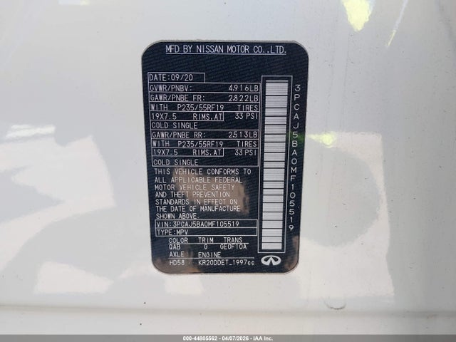 2021 Infiniti Qx50 Luxe მანქანა იყიდება აუქციონზე, vin: 3PCAJ5BA0MF105519, აუქციონის ნომერი: 44805562