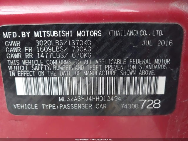 Продаж на аукціоні авто 2017 Mitsubishi Mirage Es, vin: ML32A3HJ4HH012494, номер лоту: 44805591
