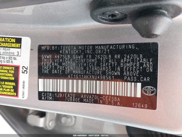 Aukcja sprzedaży 2022 Toyota Camry Se, vin: 4T1G11AKXNU498561, numer aukcji: 44805604