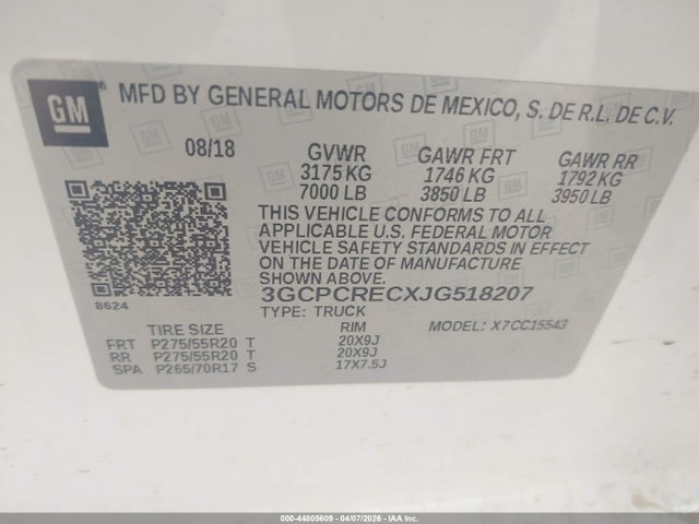 Продажа на аукционе авто 2018 Chevrolet Silverado 1500 1lt, vin: 3GCPCRECXJG518207, номер лота: 44805609