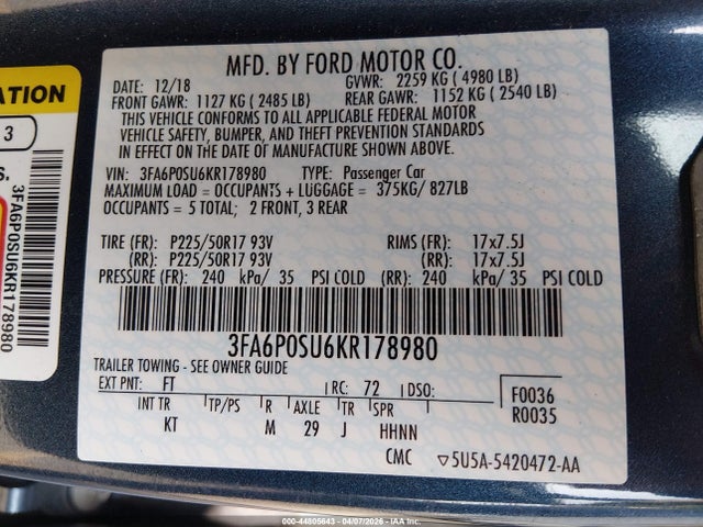 Aukcja sprzedaży 2019 Ford Fusion Energi Titanium, vin: 3FA6P0SU6KR178980, numer aukcji: 44805643