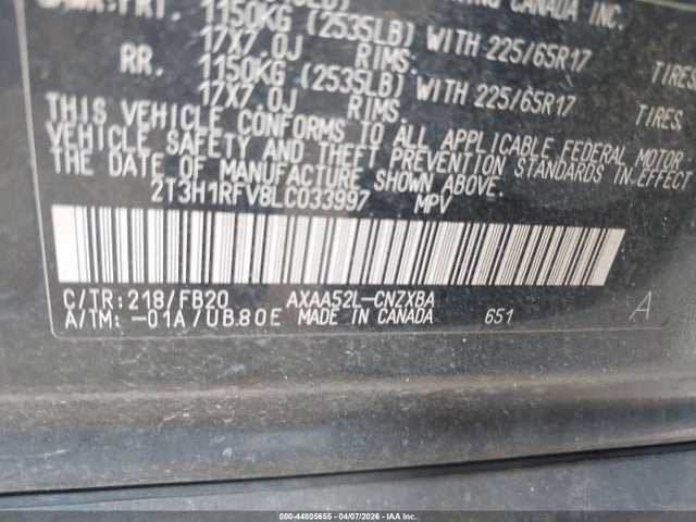 2020 Toyota Rav4 Le მანქანა იყიდება აუქციონზე, vin: 2T3H1RFV8LC033997, აუქციონის ნომერი: 44805655