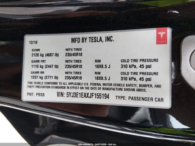 5YJ3E1EAXJF155194 Tesla Model 3 Long Range/mid Range