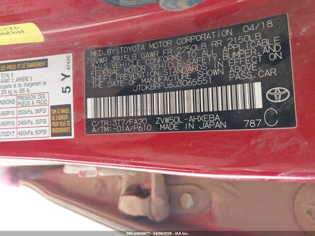 JTDKBRFU6J3065551 Toyota Prius Two