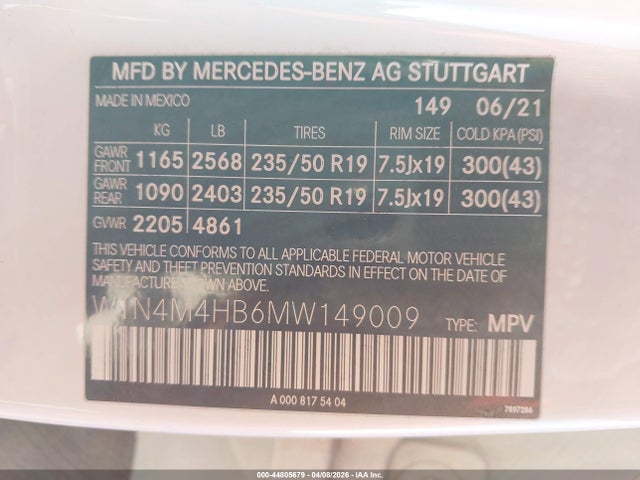 44805679 :رقم المزاد ، W1N4M4HB6MW149009 vin ، 2021 Mercedes-benz Glb 250 4matic مزاد بيع