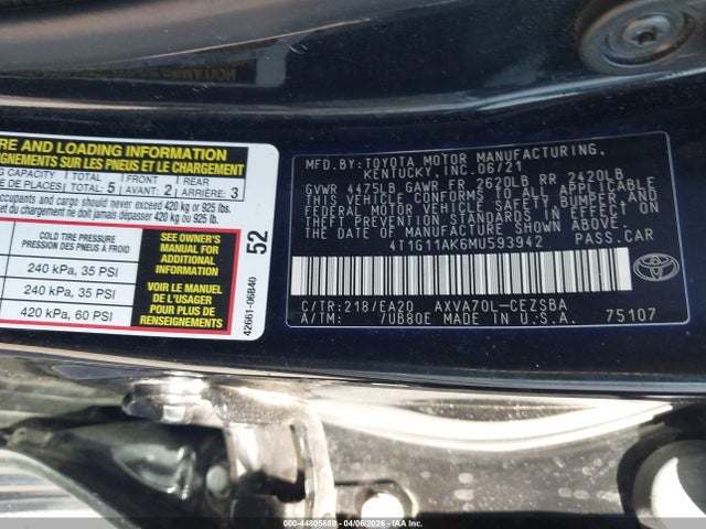 4T1G11AK6MU593942 Toyota CAMRY SE