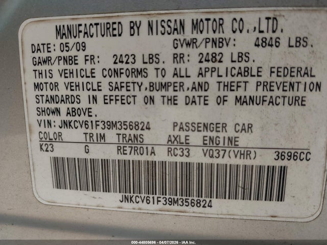 2009 Infiniti G37x მანქანა იყიდება აუქციონზე, vin: JNKCV61F39M356824, აუქციონის ნომერი: 44805696