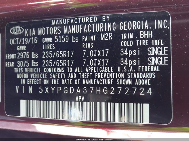 5XYPGDA37HG272724 KIA Sorento 2.4l Lx