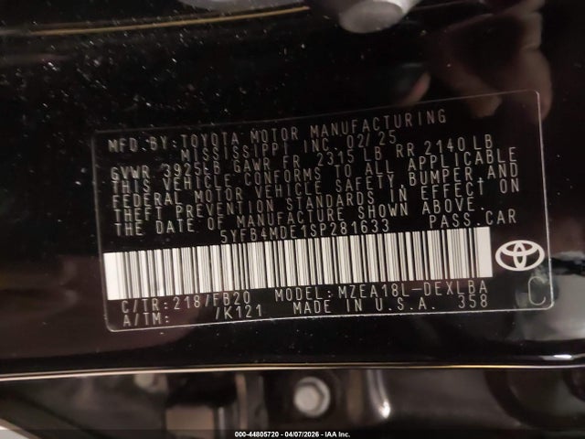 Aukcja sprzedaży 2025 Toyota Corolla Le, vin: 5YFB4MDE1SP281633, numer aukcji: 44805720