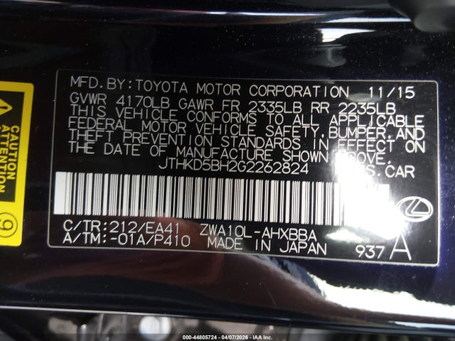 44805724 :رقم المزاد ، JTHKD5BH2G2262824 vin ، 2016 Lexus Ct 200h مزاد بيع