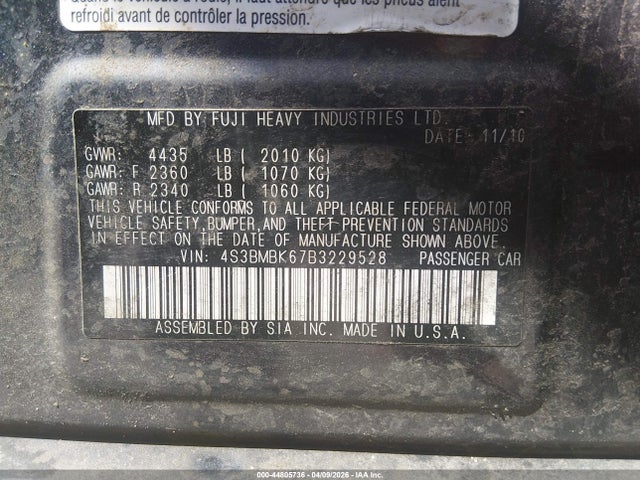 44805736 :رقم المزاد ، 4S3BMBK67B3229528 vin ، 2011 Subaru Legacy 2.5i Limited مزاد بيع