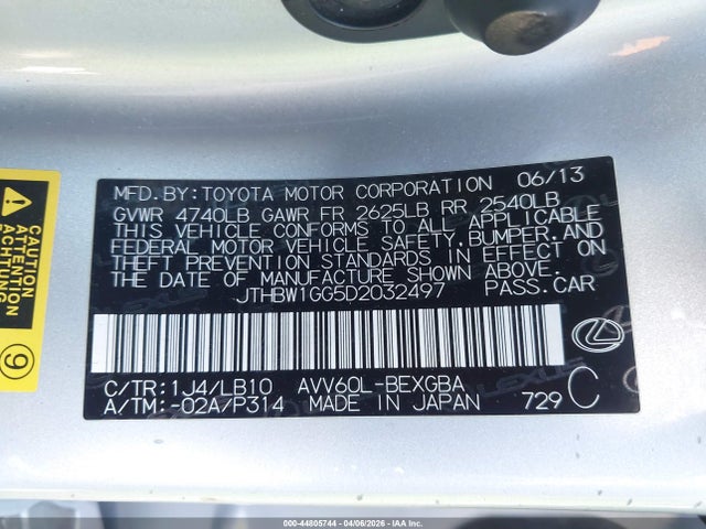 44805744 :رقم المزاد ، JTHBW1GG5D2032497 vin ، 2013 Lexus Es 300h مزاد بيع