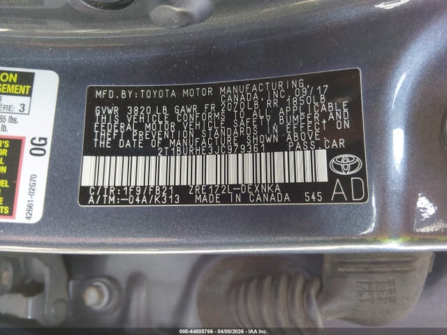 2T1BURHE3JC979361 Toyota COROLLA LE