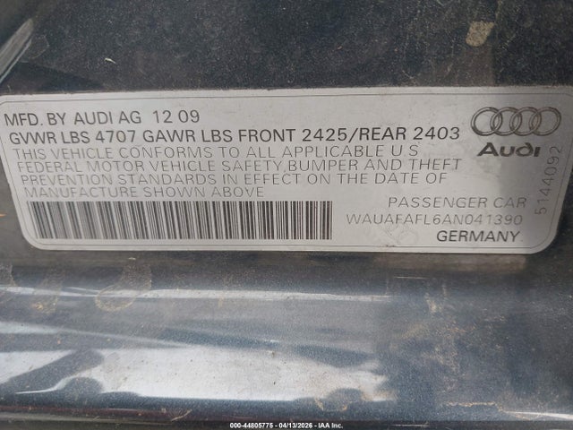 44805775 :رقم المزاد ، WAUAFAFL6AN041390 vin ، 2010 Audi A4 2.0t Premium مزاد بيع