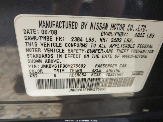 2008 Infiniti G35x მანქანა იყიდება აუქციონზე, vin: JNKBV61F98M275692, აუქციონის ნომერი: 44805789