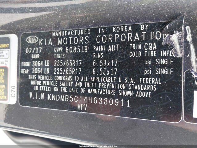 44805801 :رقم المزاد ، KNDMB5C14H6330911 vin ، 2017 Kia Sedona Lx مزاد بيع
