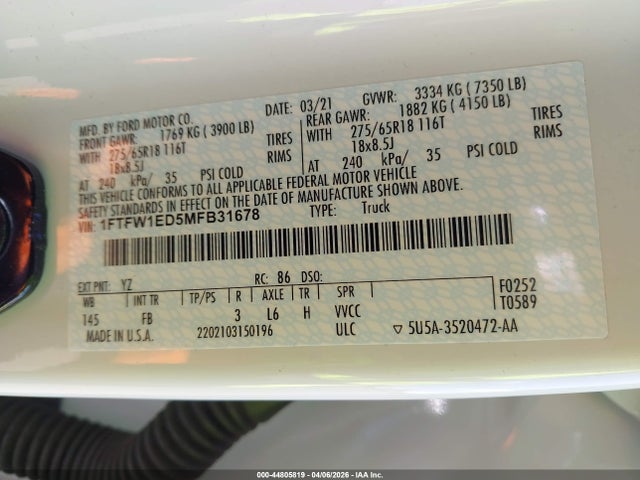 44805819 :رقم المزاد ، 1FTFW1ED5MFB31678 vin ، 2021 Ford F-150 Xlt مزاد بيع