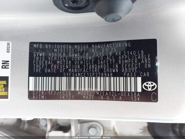 44805842 :رقم المزاد ، 5YFS4MCE1SP228948 vin ، 2025 Toyota Corolla Se مزاد بيع