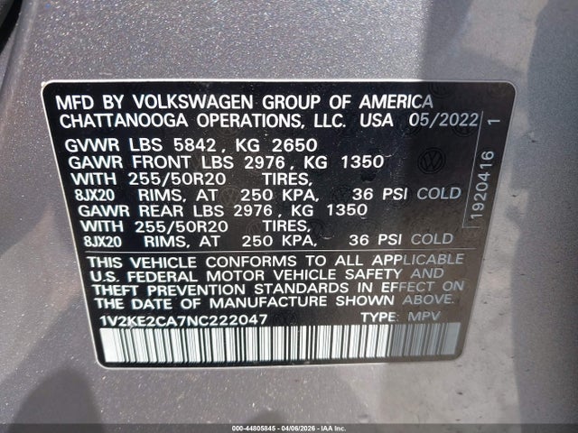 2022 Volkswagen Atlas Cross Sport 3.6l V6 Se W/technology მანქანა იყიდება აუქციონზე, vin: 1V2KE2CA7NC222047, აუქციონის ნომერი: 44805845