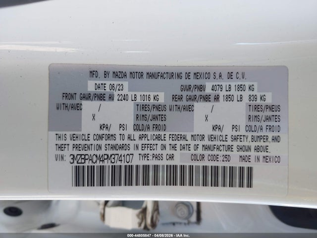 Aukcja sprzedaży 2023 Mazda Mazda3 2.5 S Preferred, vin: 3MZBPACM4PM374107, numer aukcji: 44805847