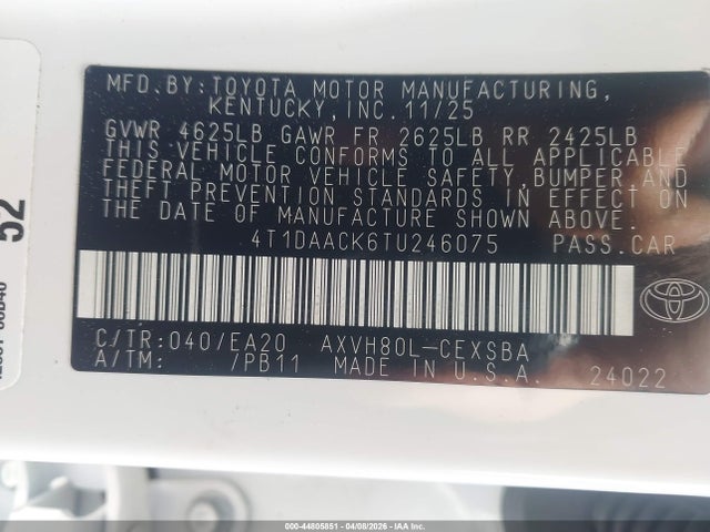 2026 Toyota Camry Se მანქანა იყიდება აუქციონზე, vin: 4T1DAACK6TU246075, აუქციონის ნომერი: 44805851