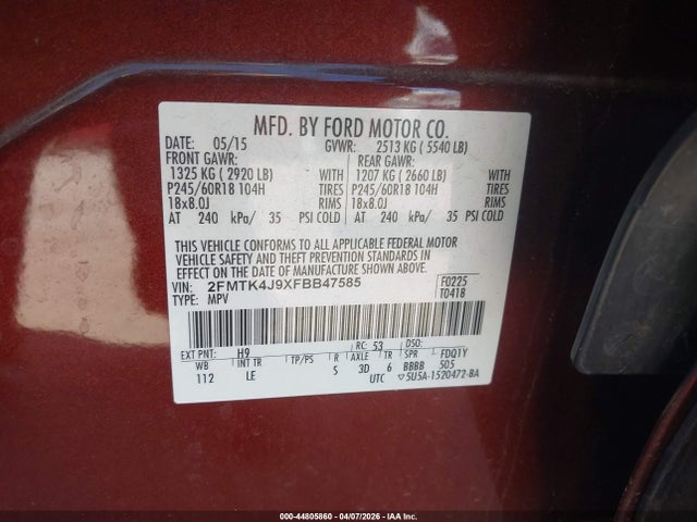44805860 :رقم المزاد ، 2FMTK4J9XFBB47585 vin ، 2015 Ford Edge Sel مزاد بيع