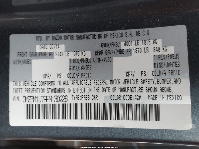 Auction sale of the 2015 Mazda Mazda3 I Sport, vin: 3MZBM1U79FM130226, lot number: 44805861