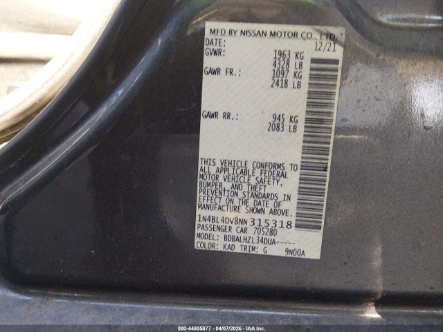 2022 Nissan Altima Sv Fwd მანქანა იყიდება აუქციონზე, vin: 1N4BL4DV8NN315318, აუქციონის ნომერი: 44805877