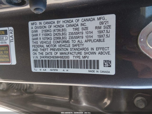 44805876 :رقم المزاد ، 2HKRW2H93MH682000 vin ، 2021 Honda Cr-v Awd Touring مزاد بيع