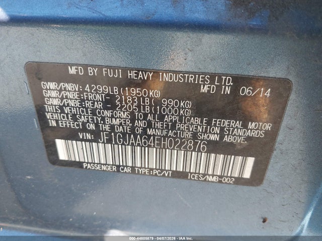 Продаж на аукціоні авто 2014 Subaru Impreza 2.0i, vin: JF1GJAA64EH022876, номер лоту: 44805879