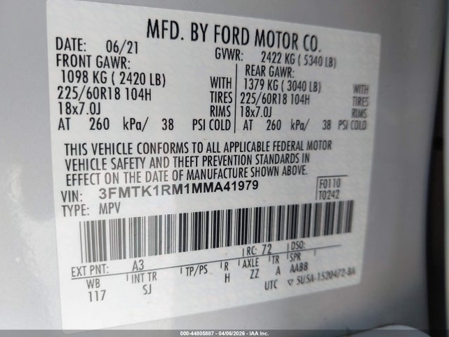 Aukcja sprzedaży 2021 Ford Mustang Mach-e Select, vin: 3FMTK1RM1MMA41979, numer aukcji: 44805887