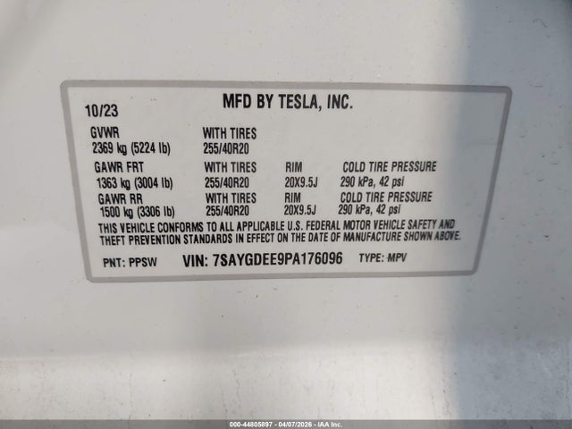 Aukcja sprzedaży 2023 Tesla Model Y, vin: 7SAYGDEE9PA176096, numer aukcji: 44805897