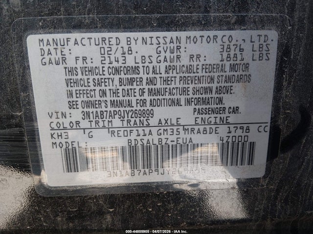 3N1AB7AP9JY269899 Nissan SENTRA S