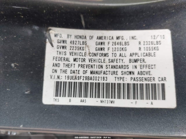 44805908 :رقم المزاد ، 19UUA9F29BA002193 vin ، 2011 Acura Tl 3.7 مزاد بيع