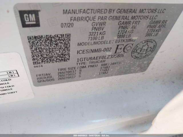 44805923 :رقم المزاد ، 1GTU9AEF0LZ325886 vin ، 2020 Gmc Sierra 1500 مزاد بيع