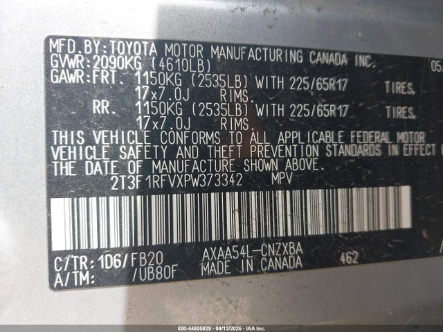 44805929 :رقم المزاد ، 2T3F1RFVXPW373342 vin ، 2023 Toyota Rav4 Le مزاد بيع
