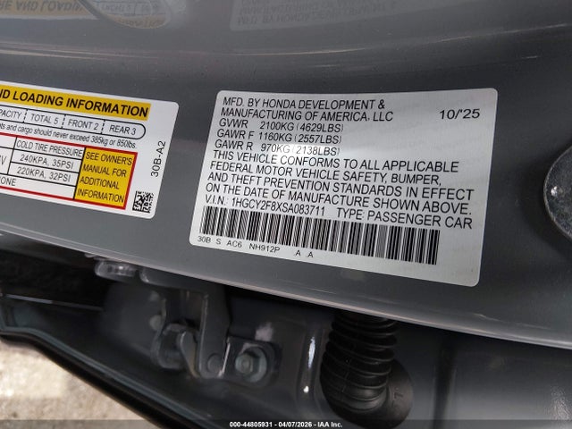 Aukcja sprzedaży 2025 Honda Accord Hybrid Touring, vin: 1HGCY2F8XSA083711, numer aukcji: 44805931